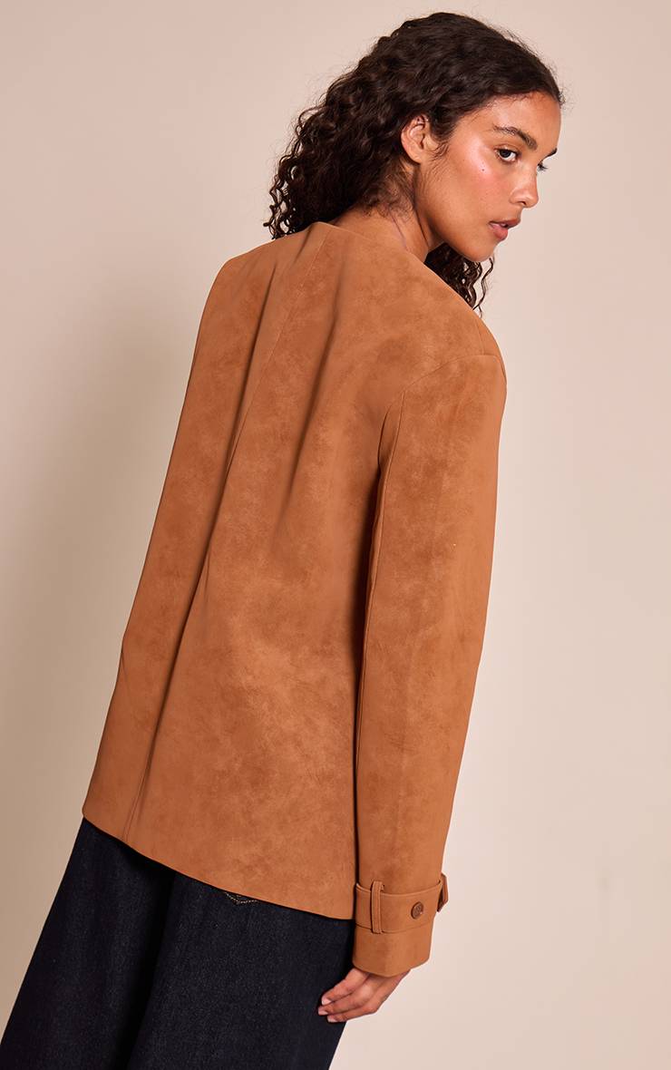 Marron Veste En Synthétique Sans Col Avec Détails Boutonnés