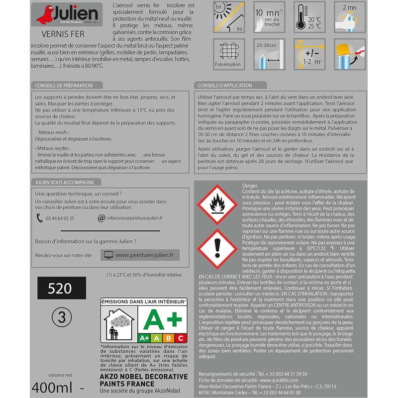 Vernis tous métaux neufs ou rouillés Julien - Aérosol de 400 ml, inoclore brillant