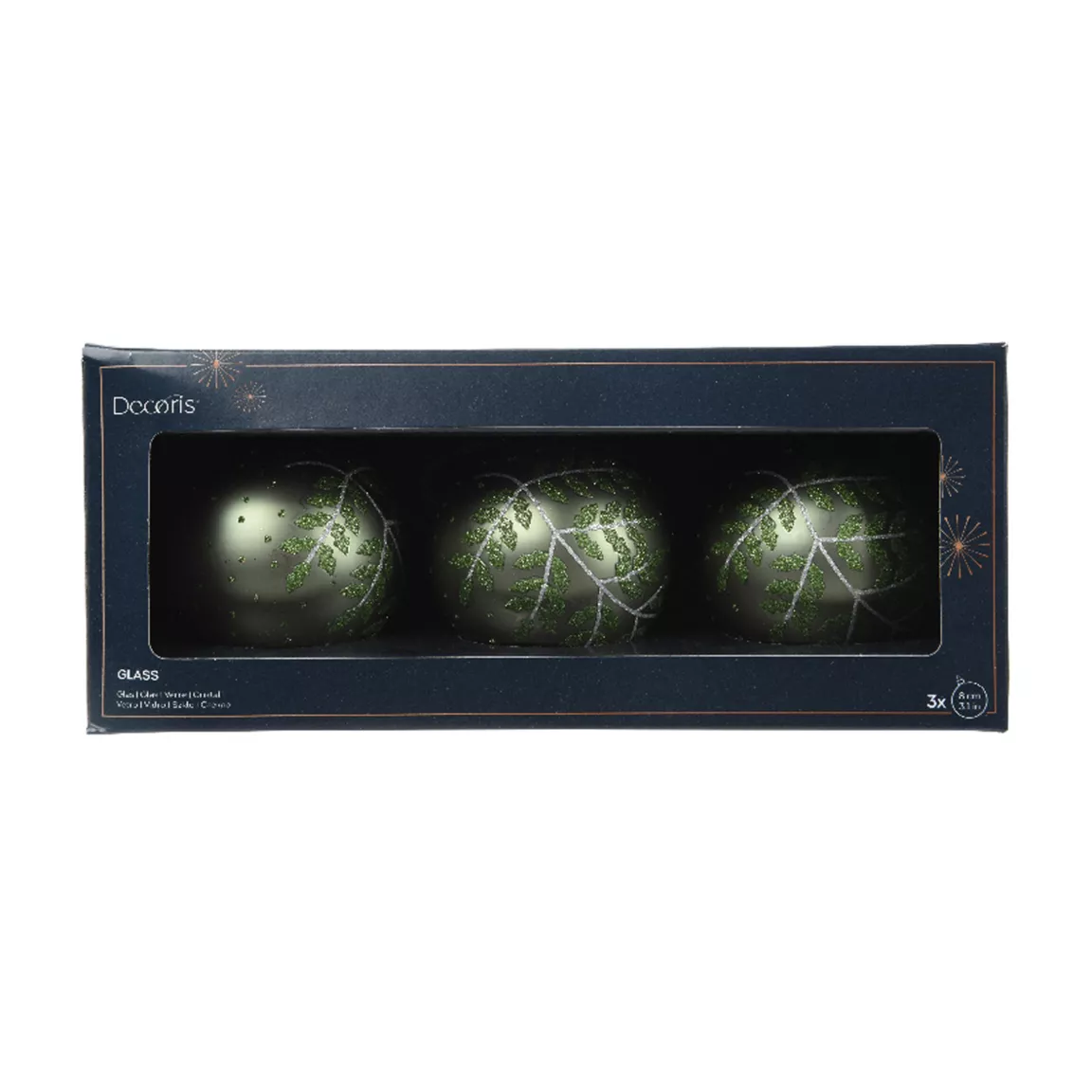 Lot de 3 boules de Noël en verre (D80 mm) Feuillage d'hiver Vert sapin