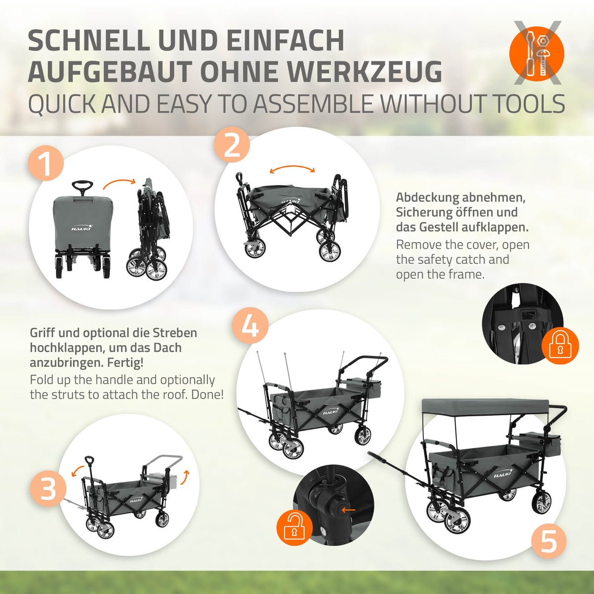 Hauki XXL opvouwbare bolderkar met luifel en tas, grijs, opvouwbare handkar voor duwen/trekken, kindertransportkar/kinderwagen, 360° draaibare voorwielen, PU-wielen met remmen, draagvermogen 120 kg
