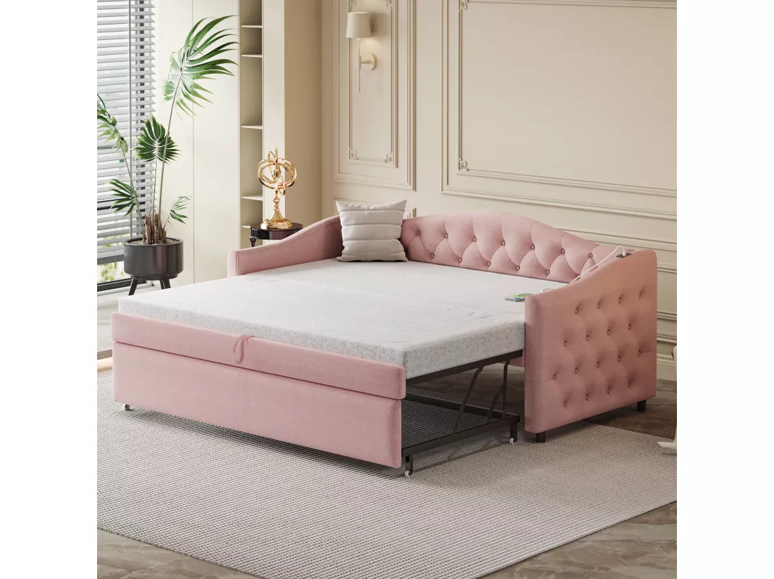 Lit gigogne 90 x 200 cm avec prises USB, canapé-lit - Tissu en lin - Sommier à lattes - Rose (sans matelas)