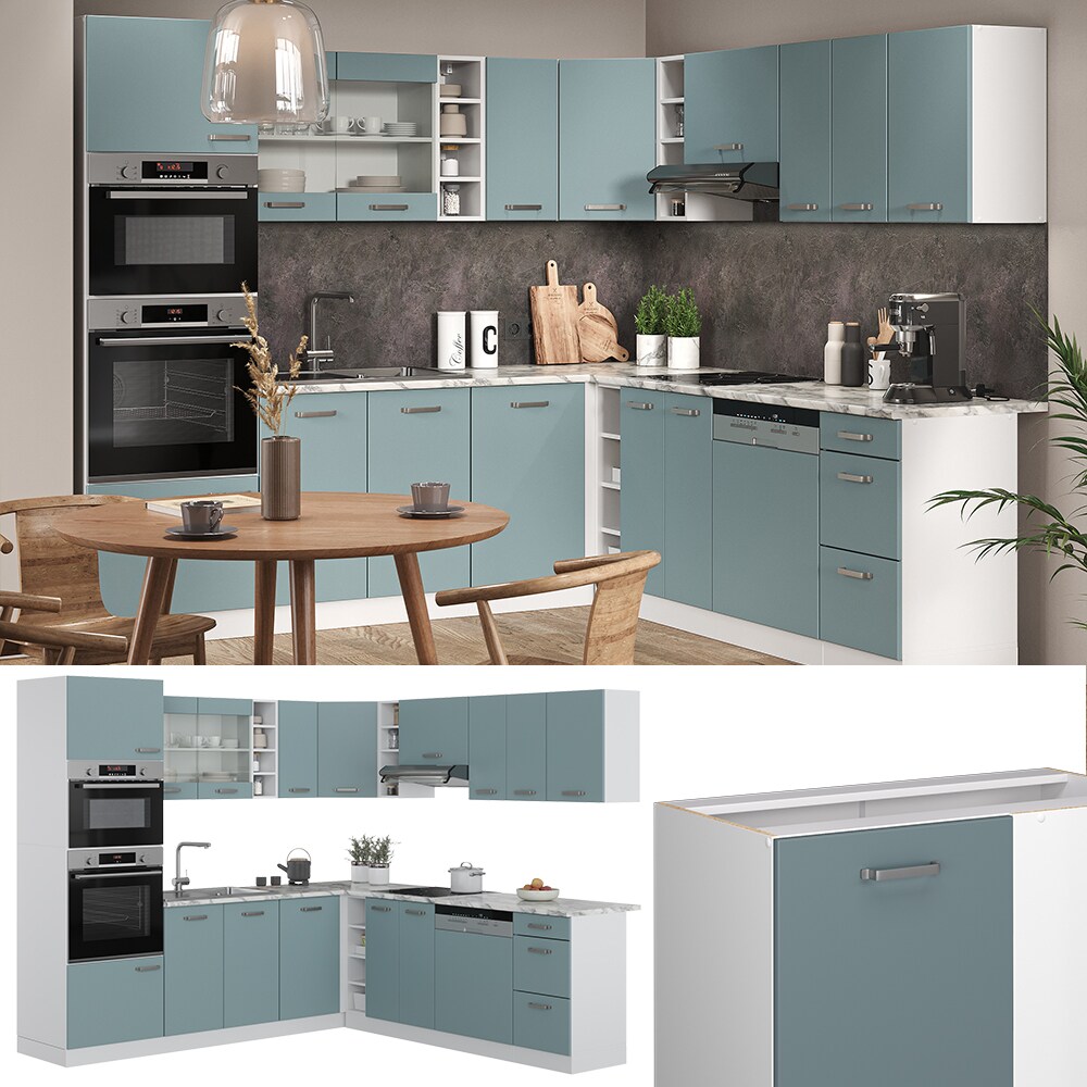 Vicco Eckküche R-Line Solid Weiß Blau Grau 247x237 cm modern Küchenschränke Küchenmöbel