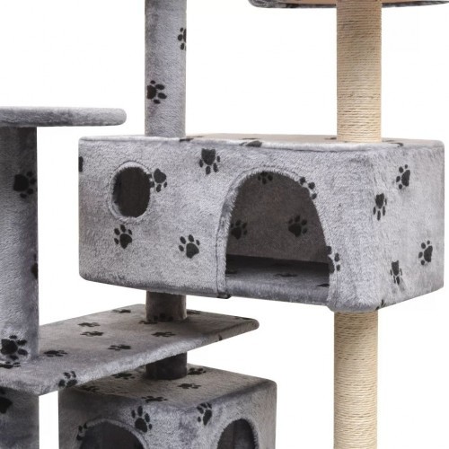 Arranhador para gatos com poste para arranhar, cinza, com pegadas de patas.