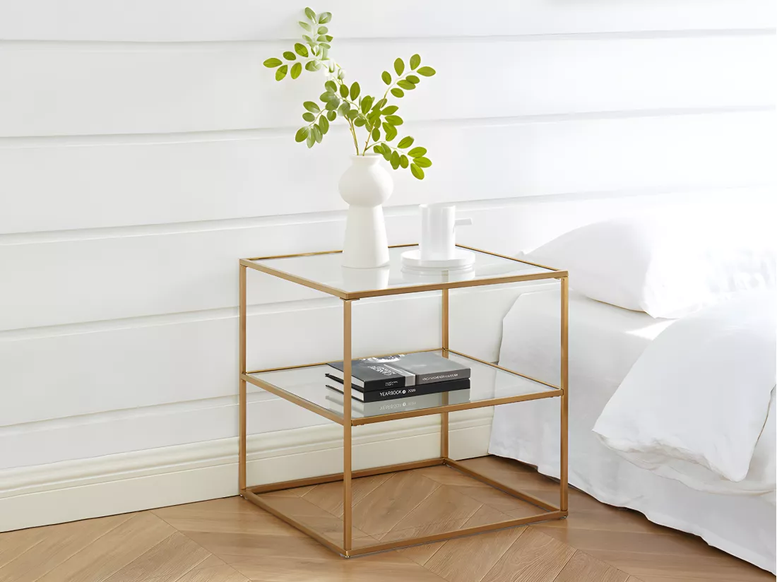 Lot de 2 tables de chevet - 1 tablette - Verre trempé et acier - Doré - KOHANA