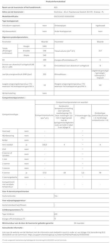 AEG - OSC5S141ES - Inbouwkoelkast - Wit - 160 Liter Koelruimte - Energieklasse E