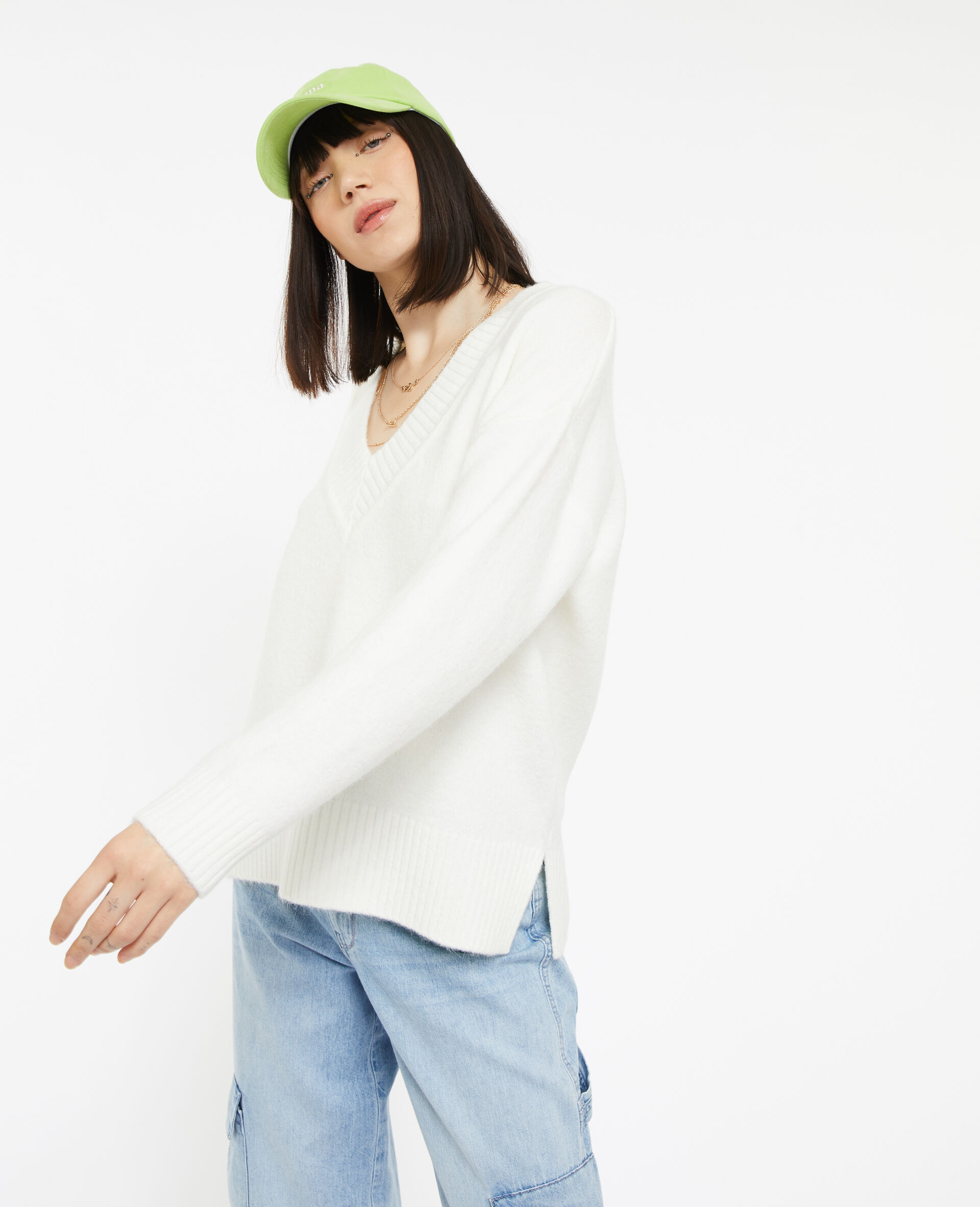Pull droit avec grand col V - Blanc