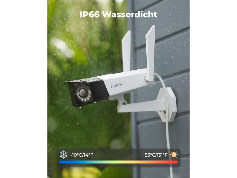 Reolink Netzwerkkamera Duo W730 180° 4K Wifi Kamera   64 GB Smarte wetterfeste 4K WLAN Dual-Kamera mit 180° Ultra-Weitwinkel, Spotlights, Personen-/Autoerkennung, farbige Nachtsicht, 2.4/5 GHz Dualband-WLAN für optimalen Empfang bis zu 50 m im Freien