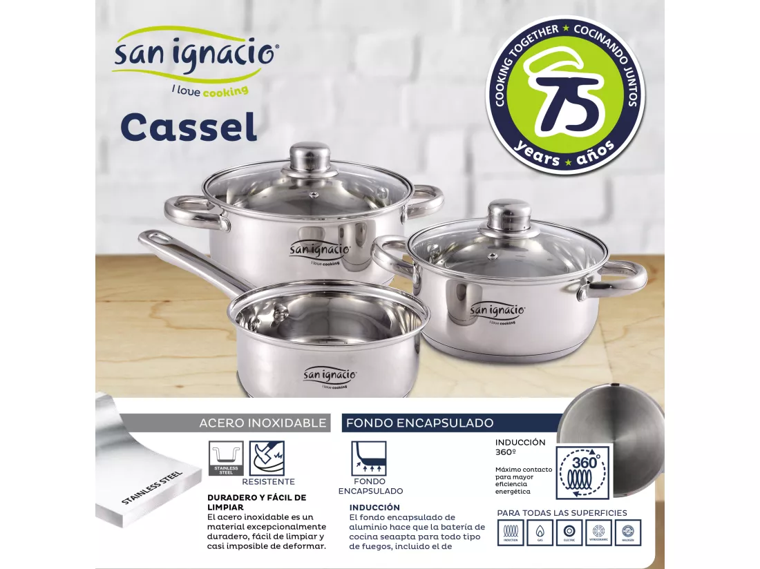 PAQUET DE 3 POÊLES Ø20/24 et 28 cms + ENSEMBLE D'ARTICLES DE CUISINE 5 PIÈCES EN ACIER INOXYDABLE