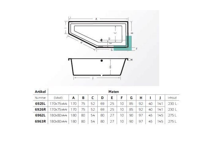 Xenz Society Compact Ligbad 180x80x44cm Rechts Pergamon