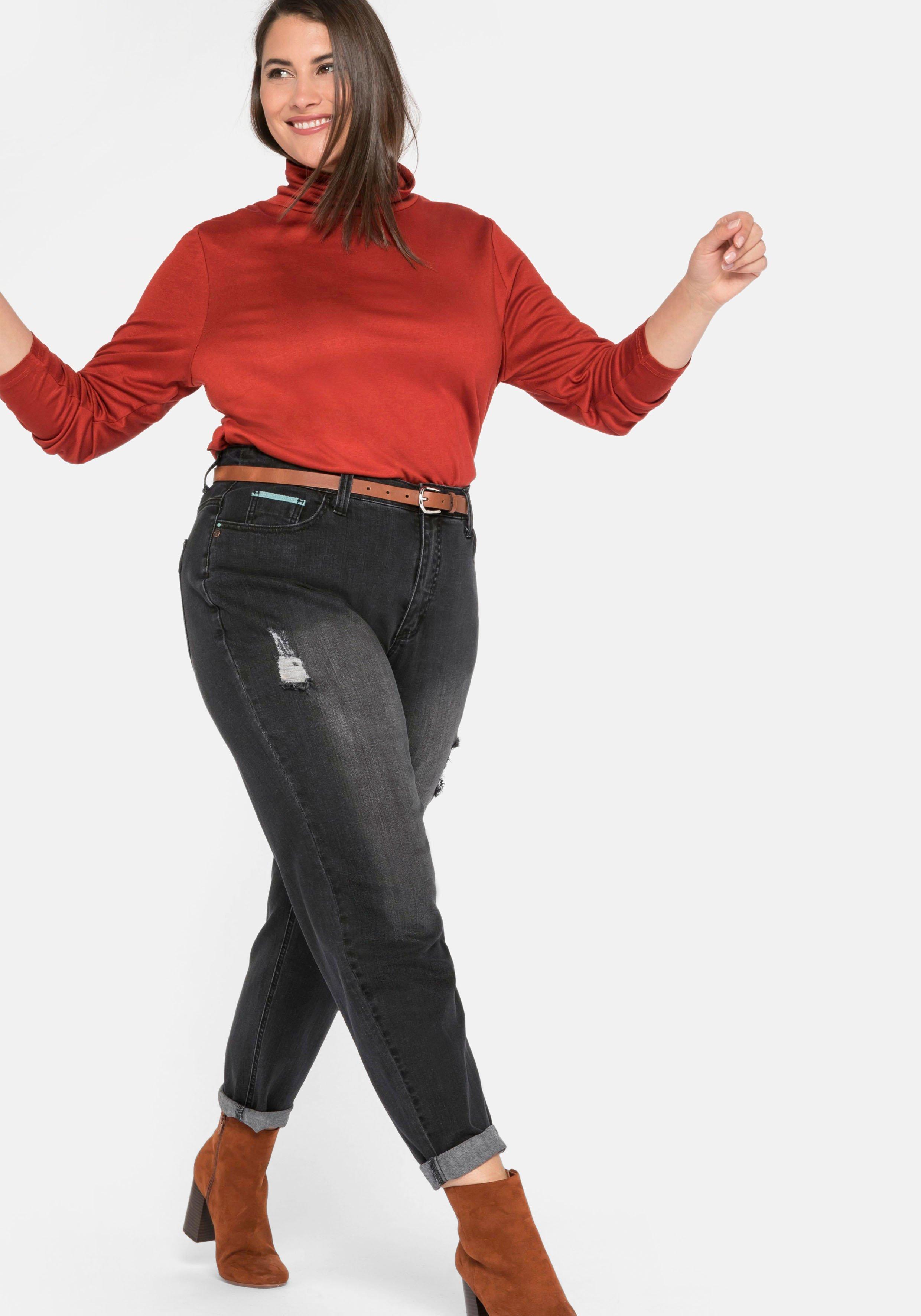 Mom-Jeans mit Destroyed-Effekten und Formbund