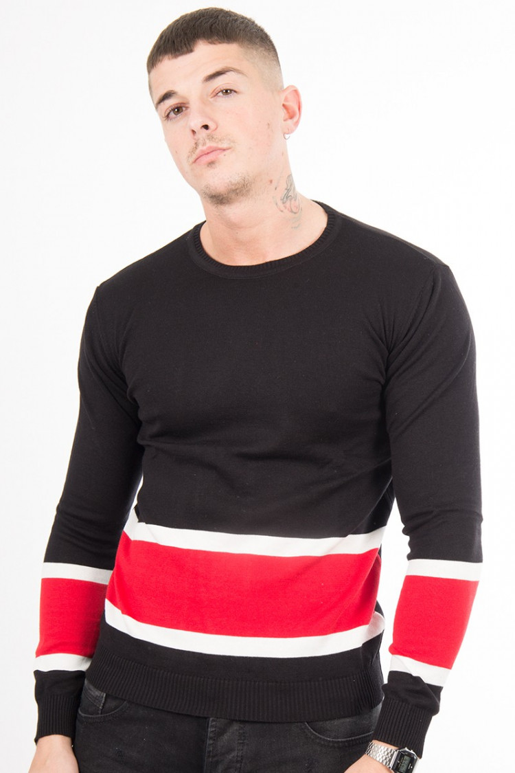 Pull noir à bandes rouge et blanches