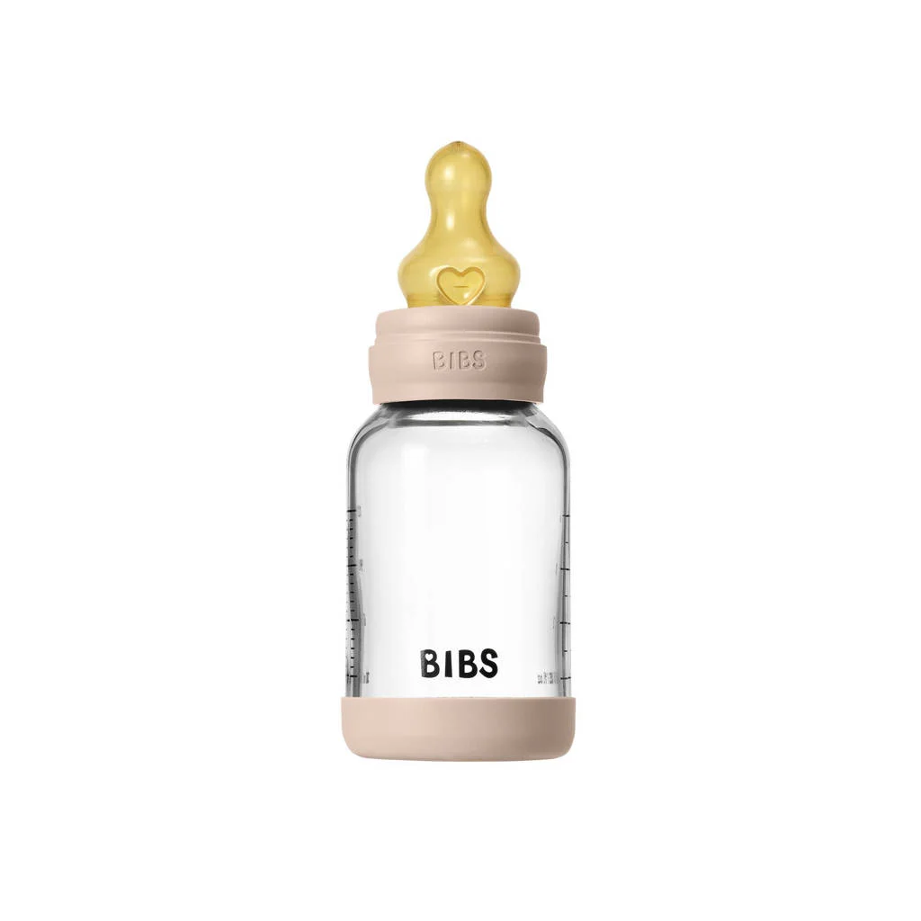BIBS Glazen Babyfles - 120 ml - Blush - met latex speen en opvouwbare trechtertje