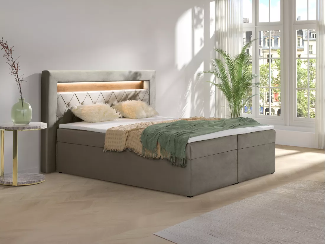 Ensemble complet literie déco tête de lit avec led + sommiers coffre + matelas + surmatelas - 180 x 200 cm - Velours - Taupe - ORANA de YSMÉE