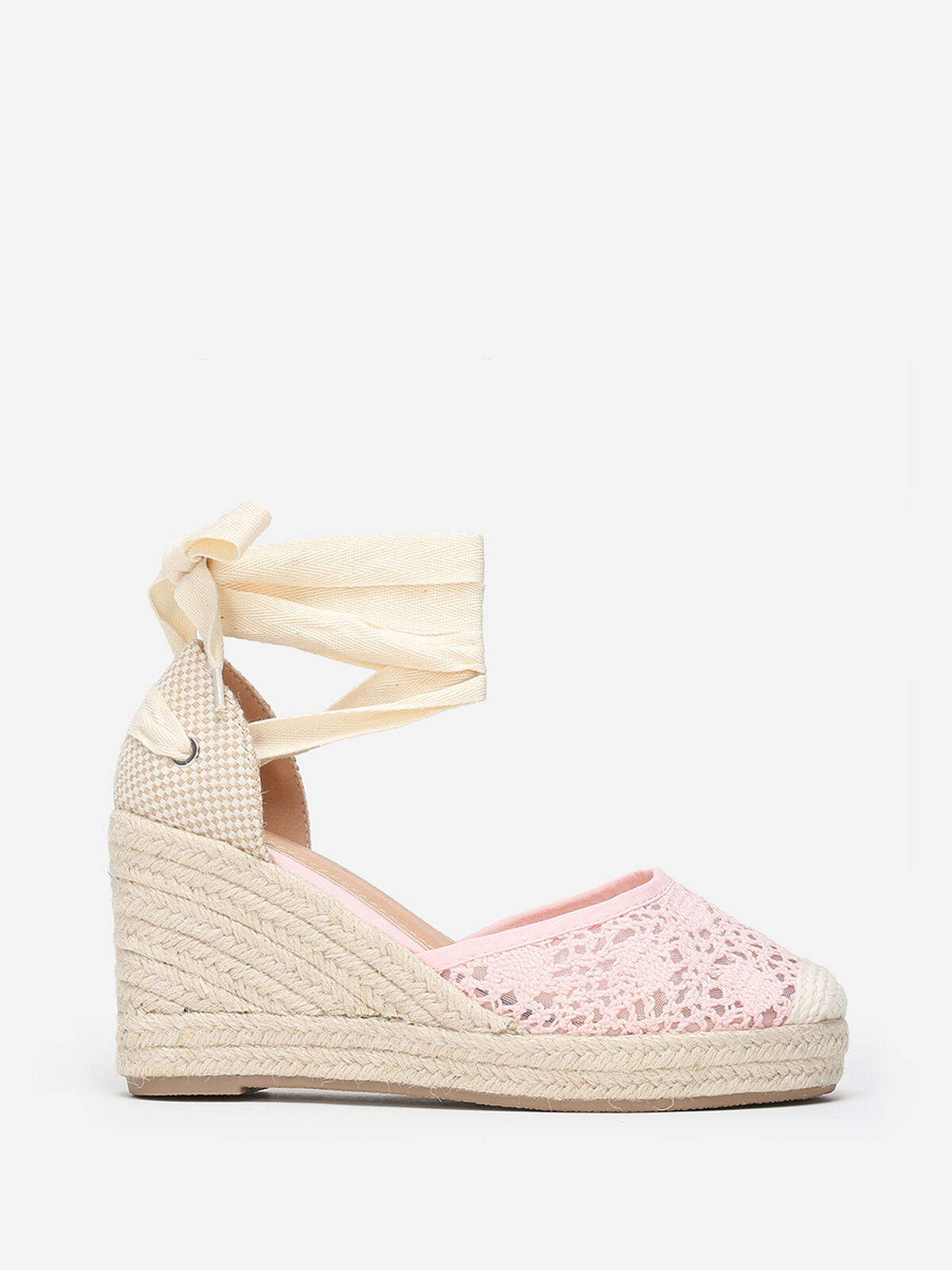 Espadrilles compensées dentelées à nouer- Rose