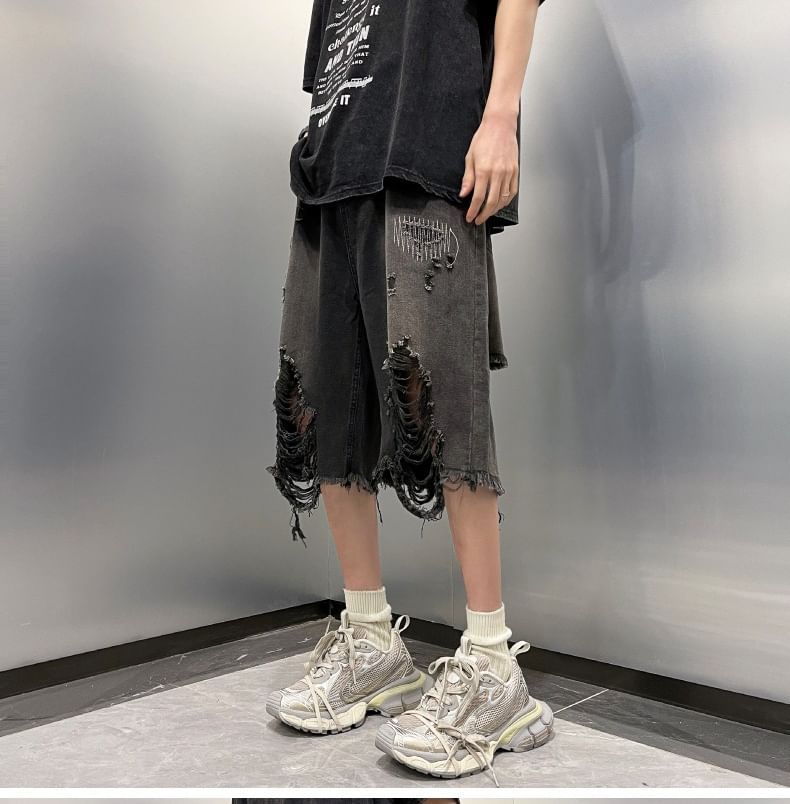 Savenne - Mid Rise Washed Distressed Denim Shorts