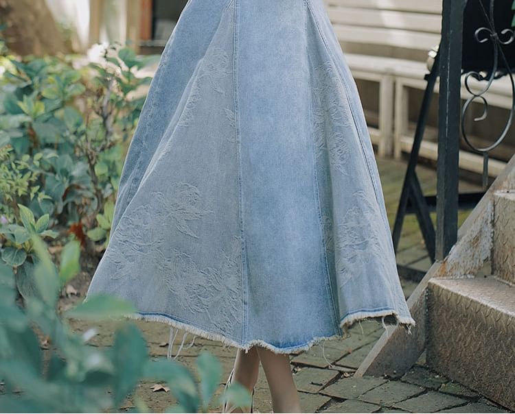 Cocaliso - Effen overhemd met kraag / Gewassen denim vest / Midi A-lijn rok met gemiddelde taille / Set
