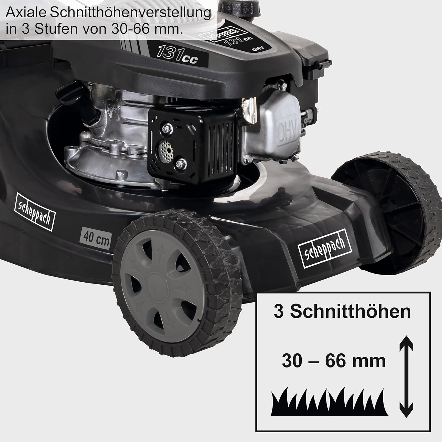 Scheppach MP132-40B Benzin Rasenmäher Black Edition für Rasenflächen bis 600m² | Schnittbreite 40cm | Leistung 3,3PS | Schnitthöhenverstellung in 3 Stufen (30-66mm) | Fangbox 35L | Hubraum 131cm³