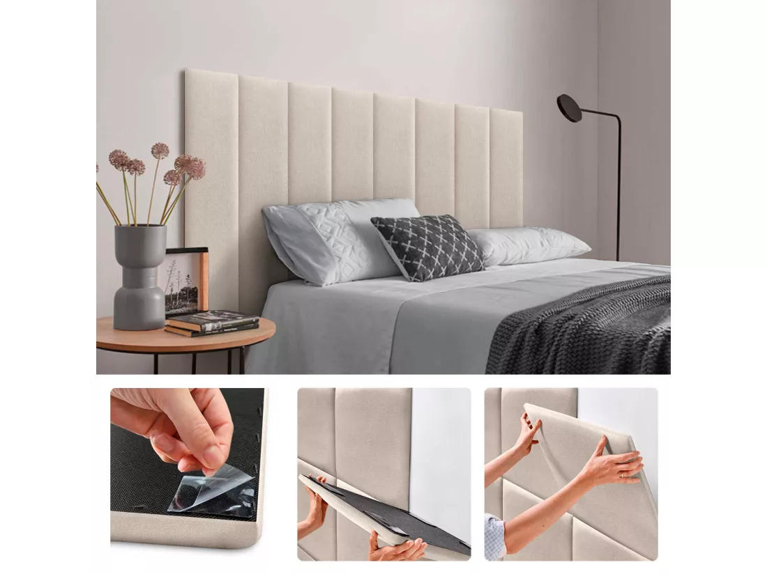 DHOME Lot de 6 Panneaux Rembourrés en Tissu Aqualine Autocollants pour Mur Acoustiques Absorbants Protection contre les Chocs (Beige, 60x20cm, x6)