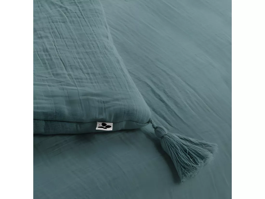 Édredon 90 x 200 cm gaze de coton bleu canard avec 4 pompons - PEPA