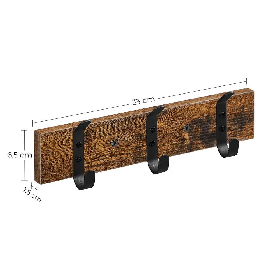 Wandkapstok met 6 Haken - compacte houten Muurkapstok - Vintage Bruin en Zwart