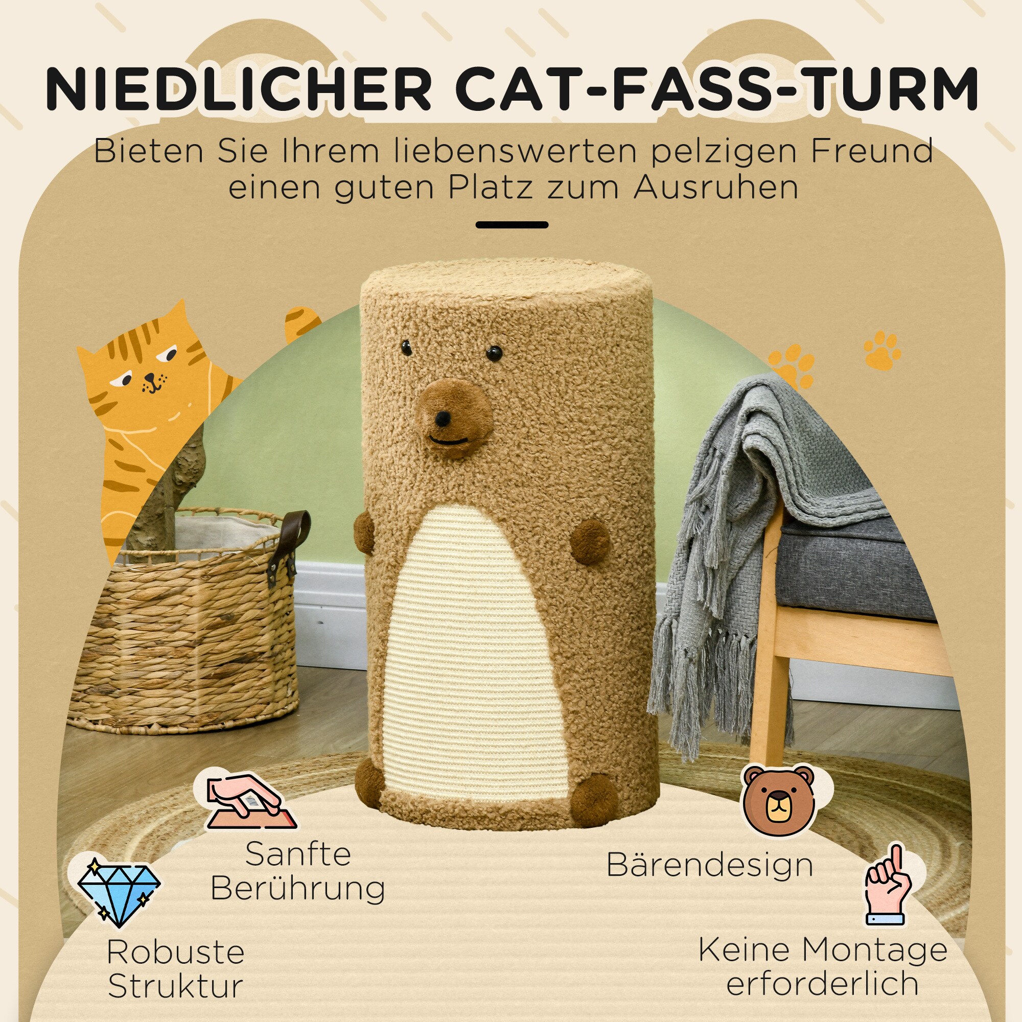 PawHut Kratztrommel mit Katzenmatte braun 35L x 35B x 66H cm