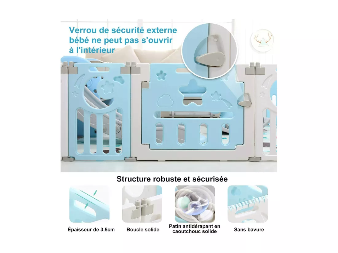 Parc Bébé 16 Panneaux,Barrière de Sécurité Portail Parc XL,Grille de Protection en Plastiqu Ecologiques avec Porte,150x185cm,Bleu