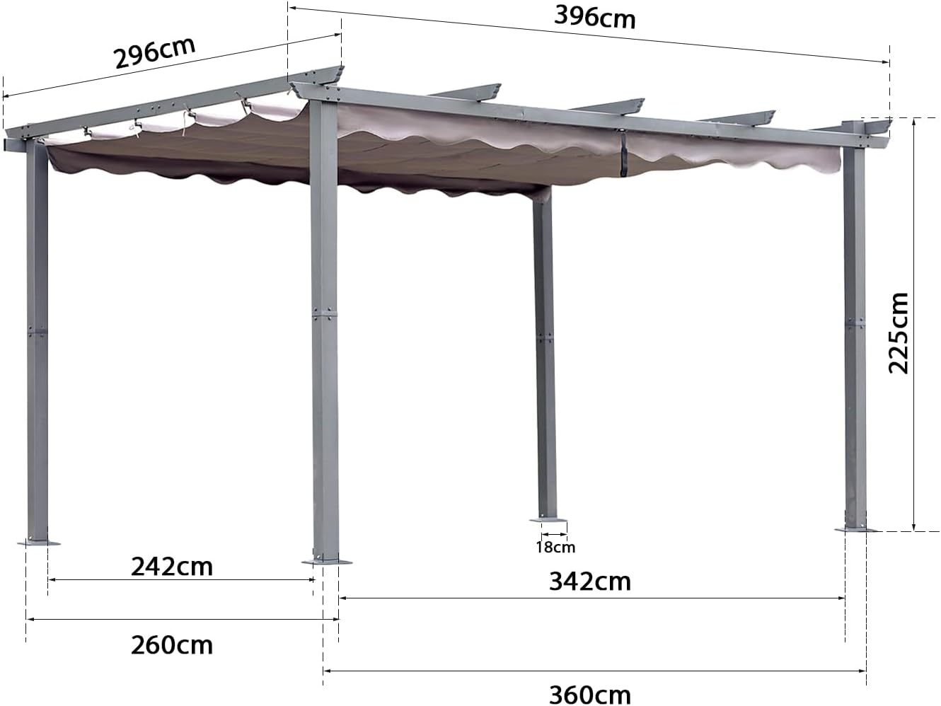 Garten Pergola 3 x 4 m Pavillon Gartenpavillon aus Aluminium in anthrazit,Dachrohre aus Stahl,Verstellbares Dach aus Polyester UV Beschattung Grau