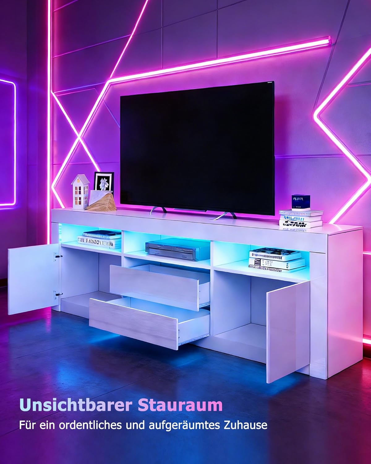 LED TV Schrank Modernes Hochglanz TV Board mit 2 Türen & 2 Schubladen Fernsehschrank für Wohnzimmer Schlafzimmer Möbel, Weiß, 160 x 35 x 60 cm
