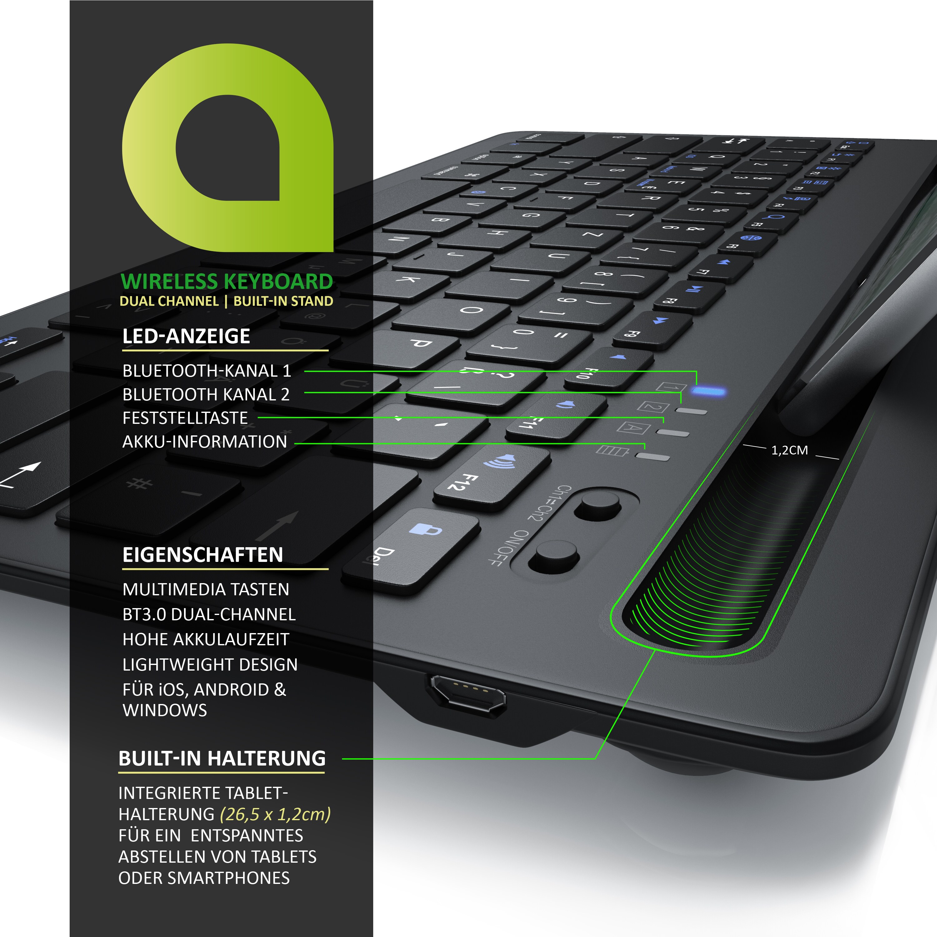 Aplic Bluetooth Tastatur mit Tablet Halterung für iOS, Android, Windows QWERTZ Layout / mit Akku