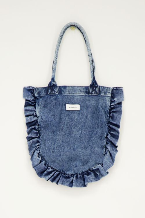 Blauwe denim shopper met ruffles