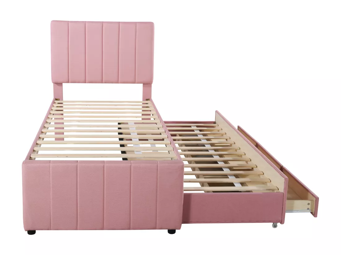 Lit gigogne 90 x 190/200 cm avec 3 tiroirs - tissu lin - sommier à lattes - rose