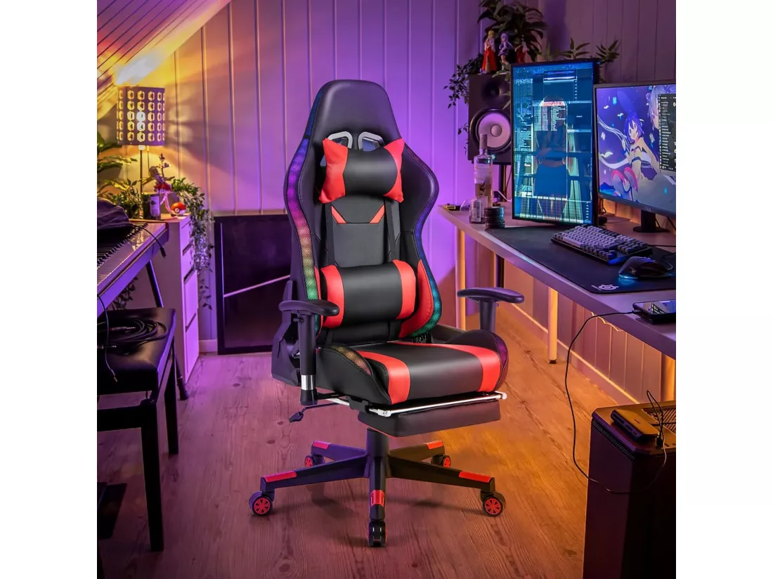 Chaise Gaming RGB/LED, Chaise Gamer Ergonomique avec Soutien Lombaire, Fauteuil Gamer avec Accoudoir Réglable, Appui-tête (Rouge)