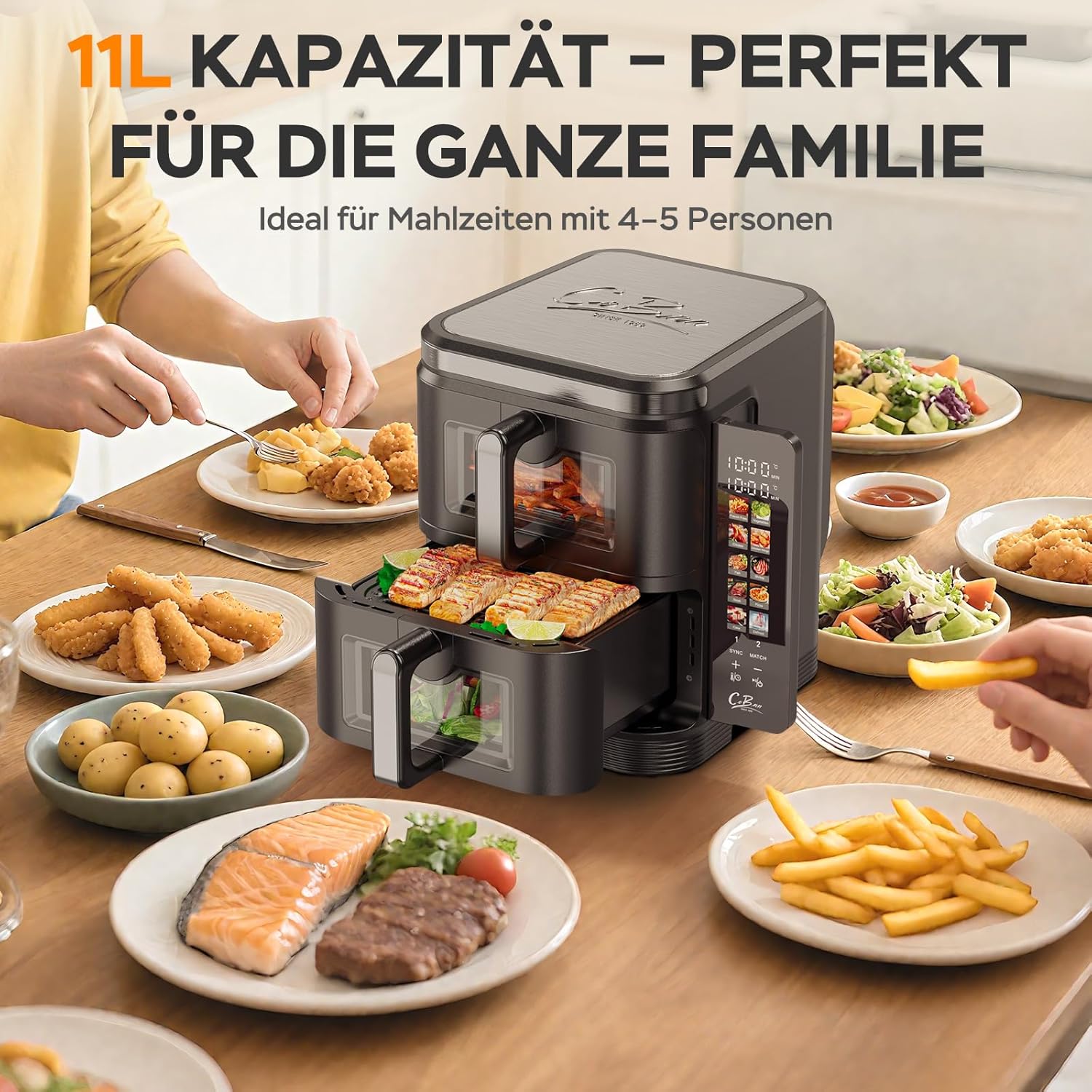 Heißluftfritteuse 2 Kammern übereinander, 11L Airfryer Doppelkammer mit Sichtfenster und Faltbarem Touchscreen, 10-in-1, V0-flammhemmendes Material, 2800W