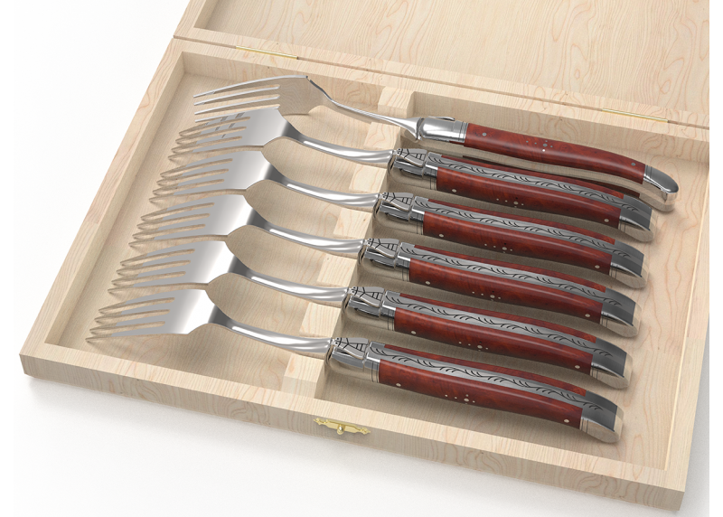 Service de 6 fourchettes Laguiole avec un manche en loupe d'amboine et mitres en acier inoxydable