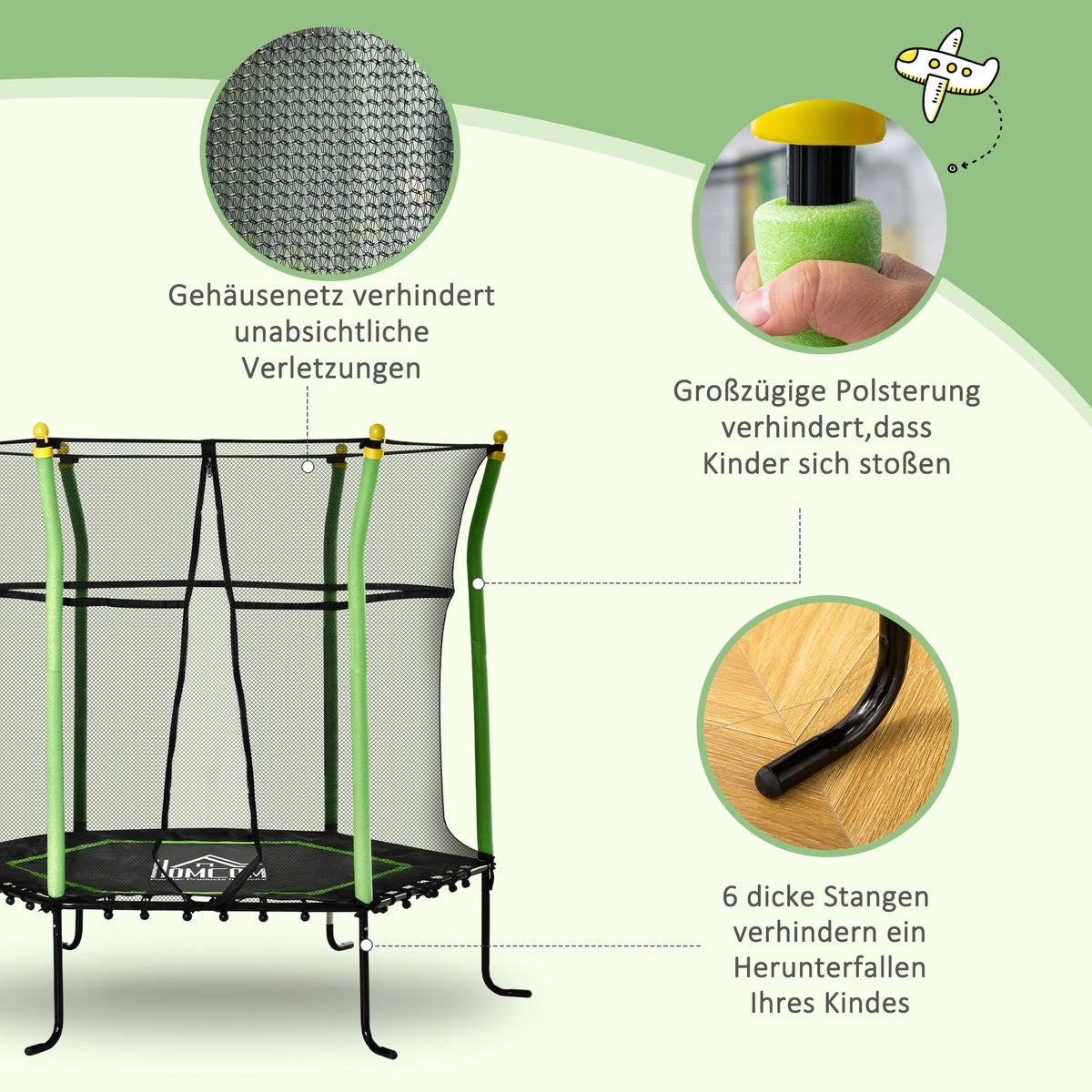 HOMCOM Kindertrampoline, Tuintrampoline met Veiligheidsnet, voor 3-10 Jaar, Ø160 cm, Staal, Groen