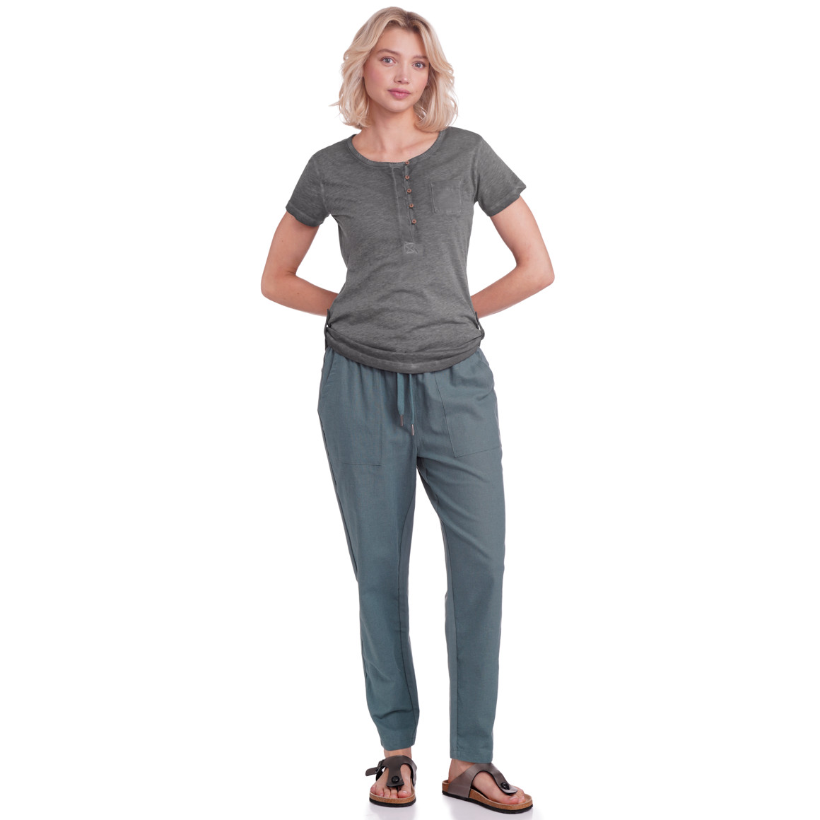 Gina Damen T-Shirt mit Knopfleiste dunkelgrau