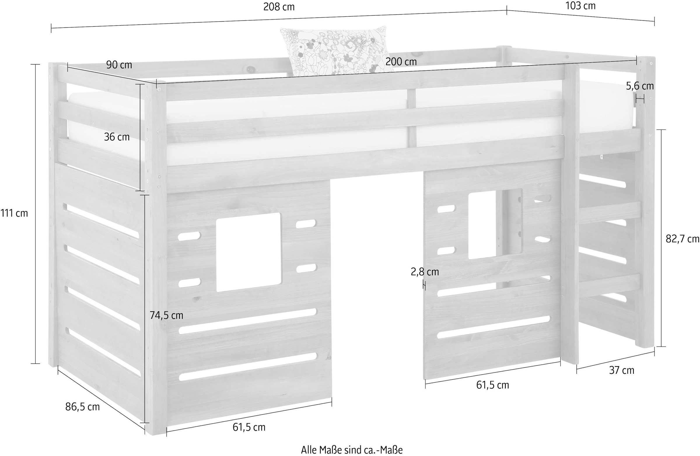 Lüttenhütt Hochbett »Alpi« aus Kiefernholz, inklusive Leiter und Panel, Aussenmassenbreite 103 cm
