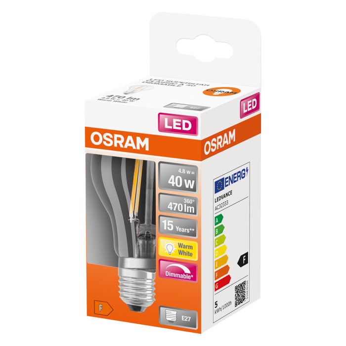 Osram LED Superstar Classic klar standardpære dæmpbar E27 5 W