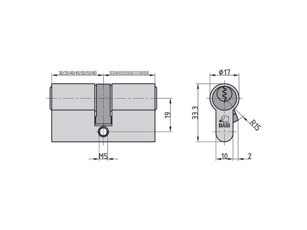 BASI 5001-1515-0034, Europrofilsylinder, Kromfarge, 3 stykker, 326 g, 1,5 cm