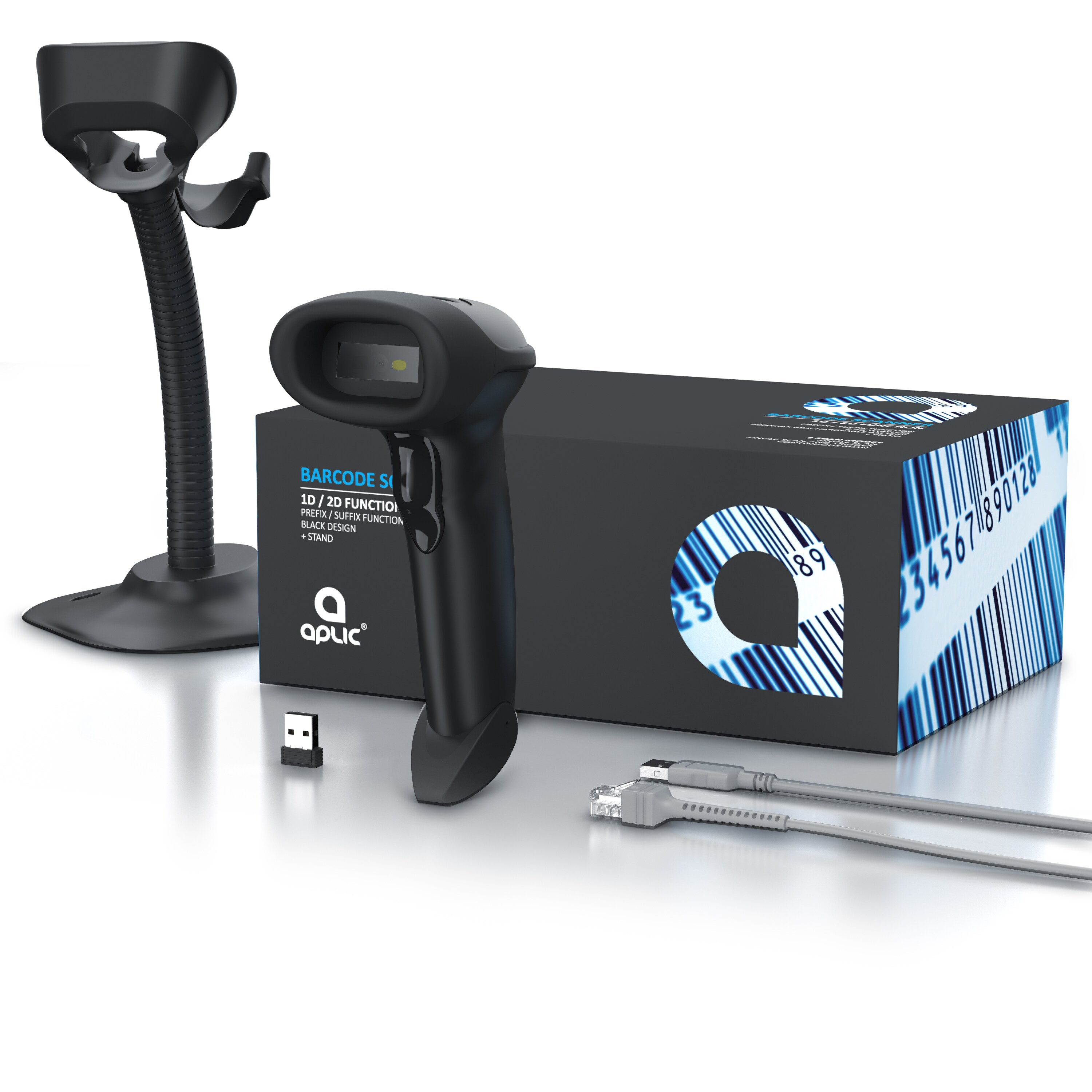 Aplic Handscanner Wireless Barcode Scanner 2.4 GHz 1D 2D, 2000 mAh, inkl. Standfuß