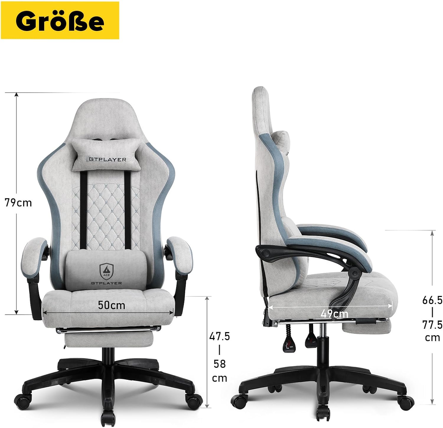 GTPLAYER Gaming Stuhl Ergonomischer Gaming Sessel Schreibtischstuhl mit Stoffoberfläche, Federsitzkissen, Verbindungsarmlehnen und Fußstütze Grau