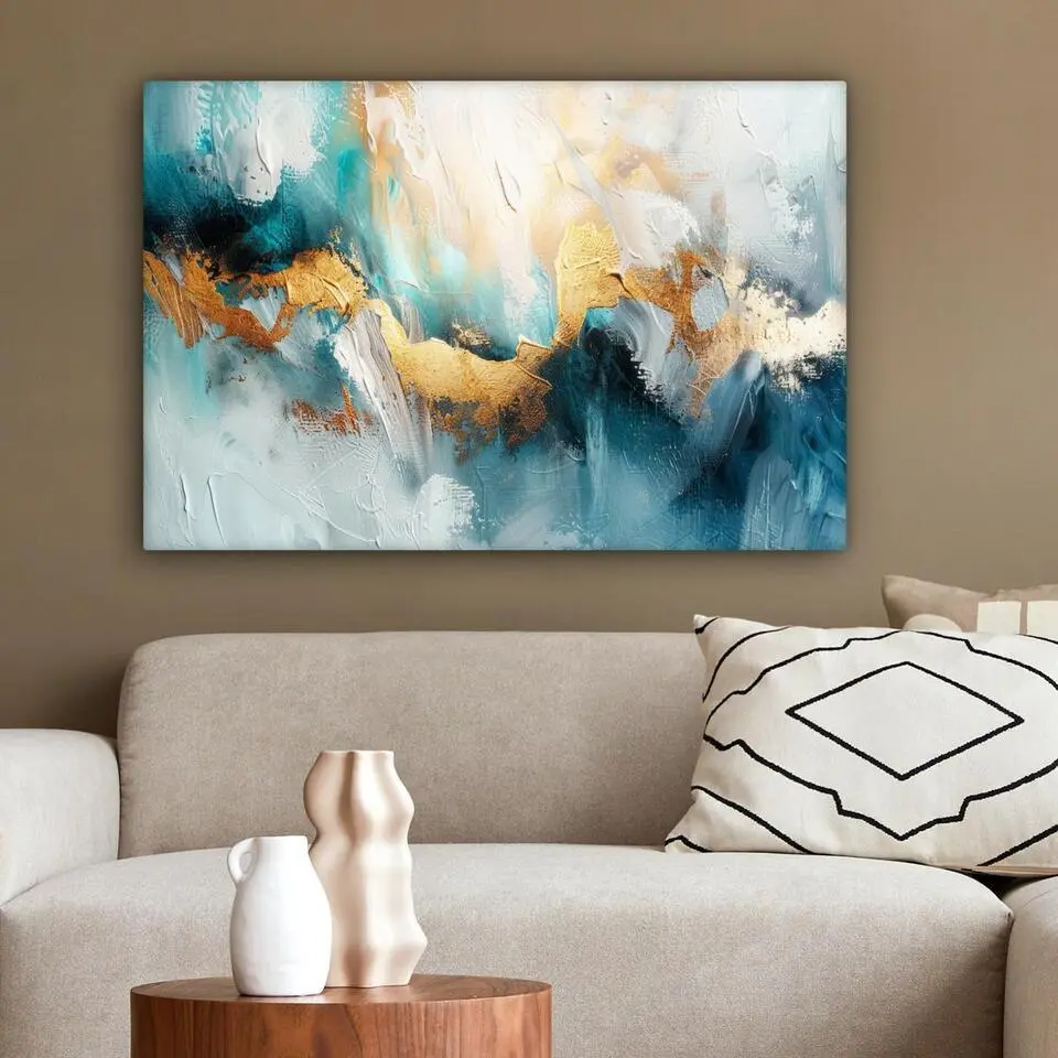 MuchoWow Canvas Schilderij 90x60cm Abstract Kunst Gold Blauw