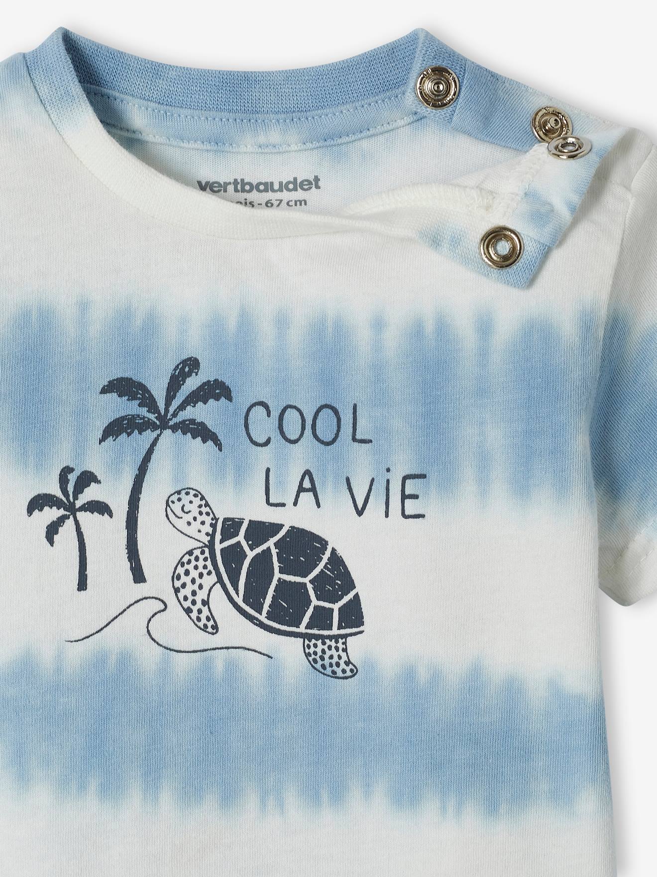 Camiseta tie-dye azul claro com estampa de tartaruga bebê