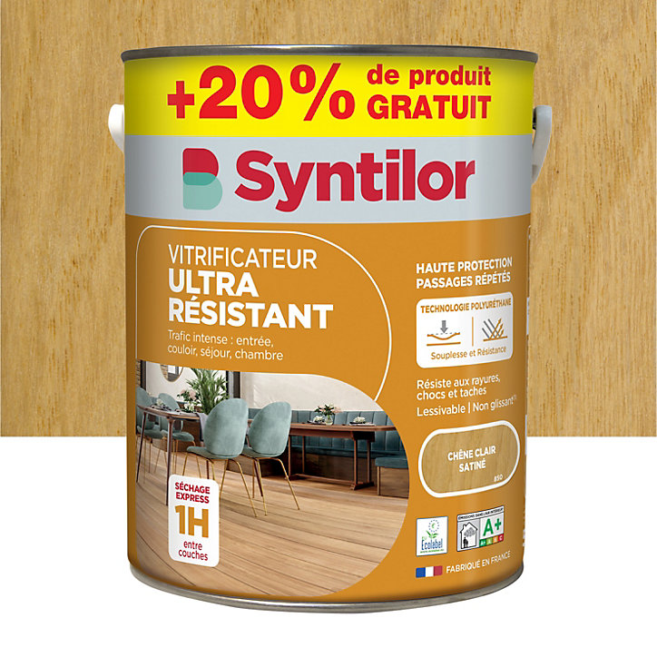 Vitrificateur ultra résistant Syntilor chêne clair satiné 5L + 20% gratuit