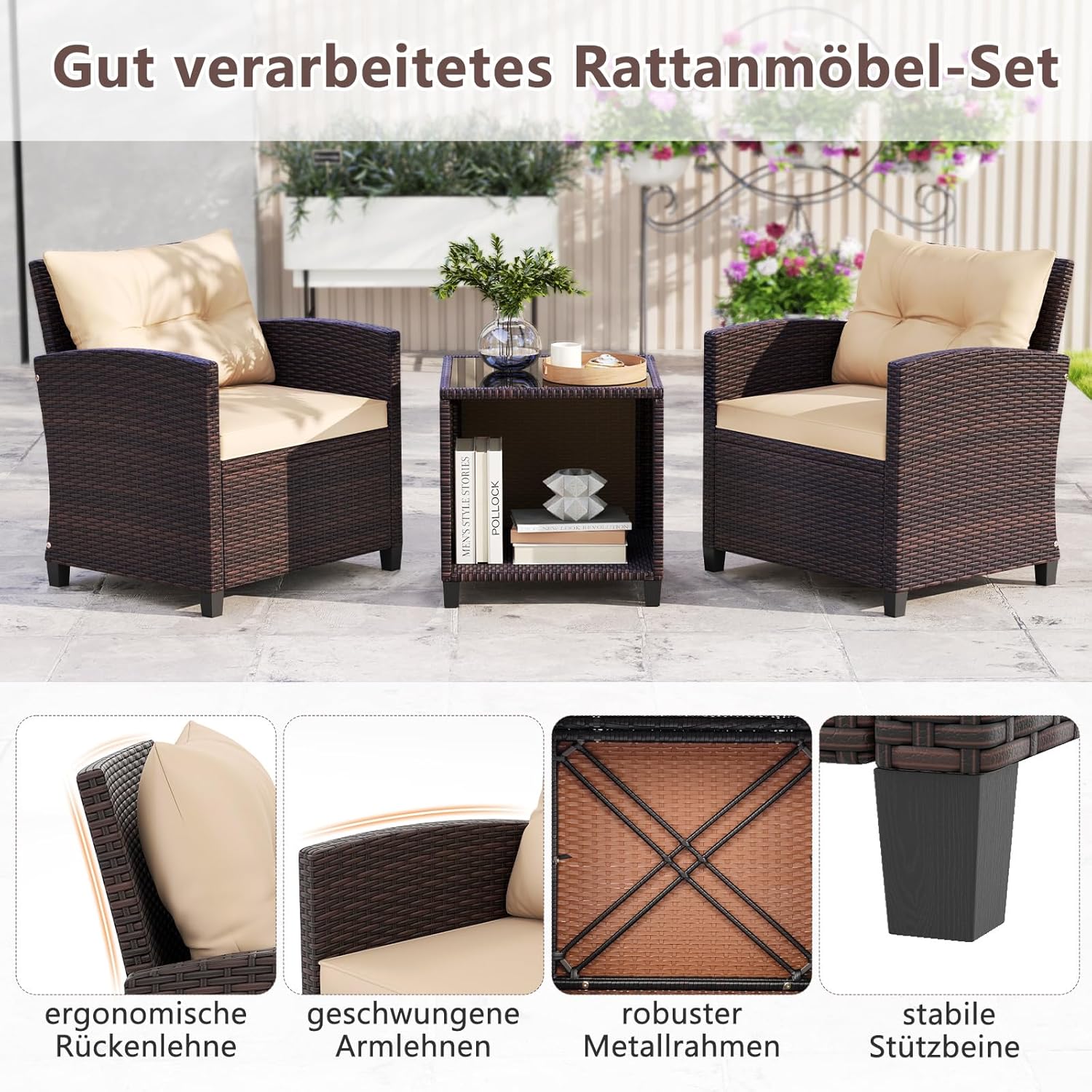 COSTWAY Gartenmöbel Set, Rattan Balkonmöbel inkl. 2 Stühle mit Sitzkissen & Tisch, Gartenlounge Outdoor, Sitzgruppe Set, 3-TLG. Terrassenmöbel Wetterfest für Balkon, Terrasse, Garten, Braun