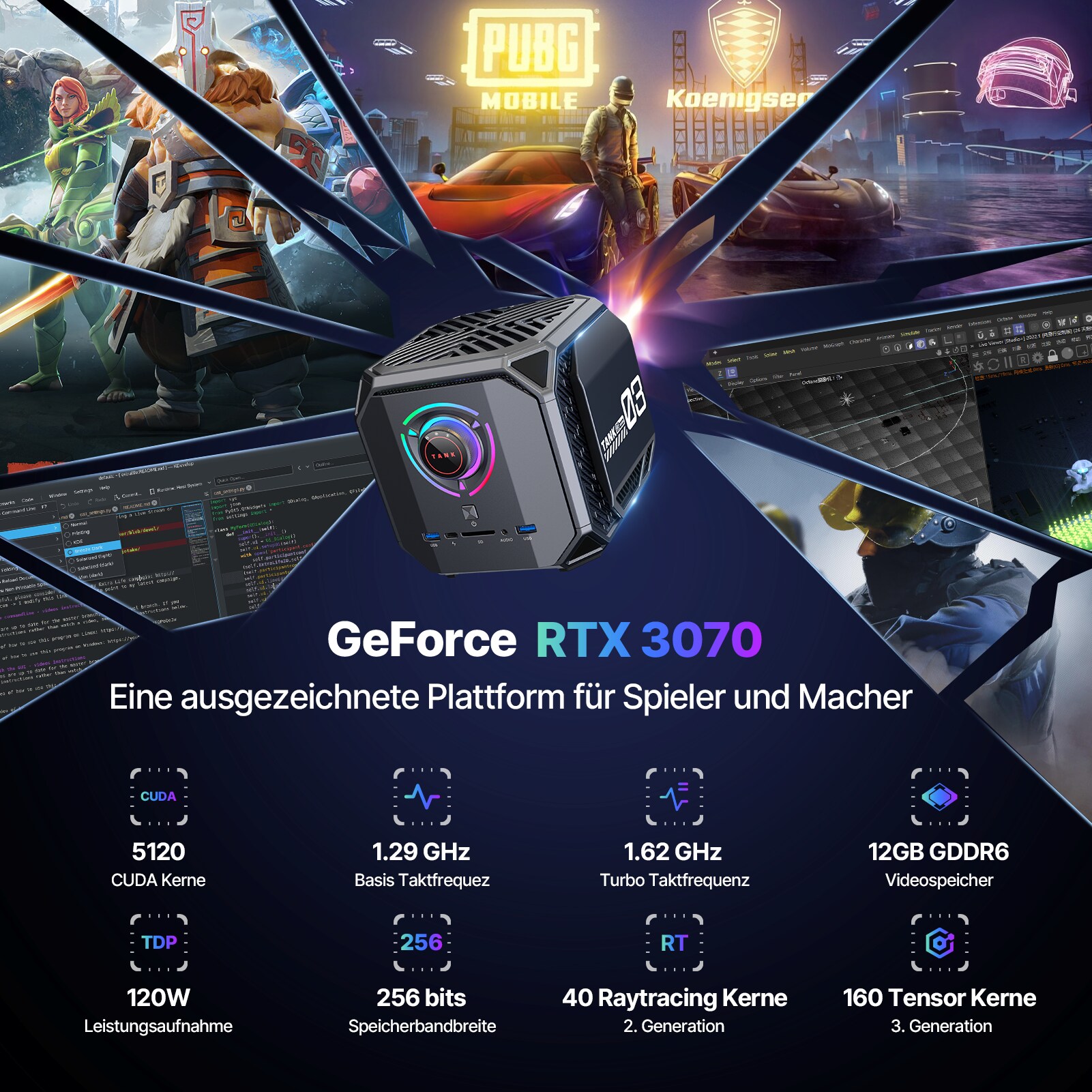 ACEMAGIC Tank03 Mini Gaming PC, Intel i7-12700H (bis zu 4.7Ghz), NVIDIA® GeForce RTX 3070 Graphics, 32GB DDR5/1024GB NVME SSD, WiFi6, Dual 2.5G LAN, Windows 11 Professional