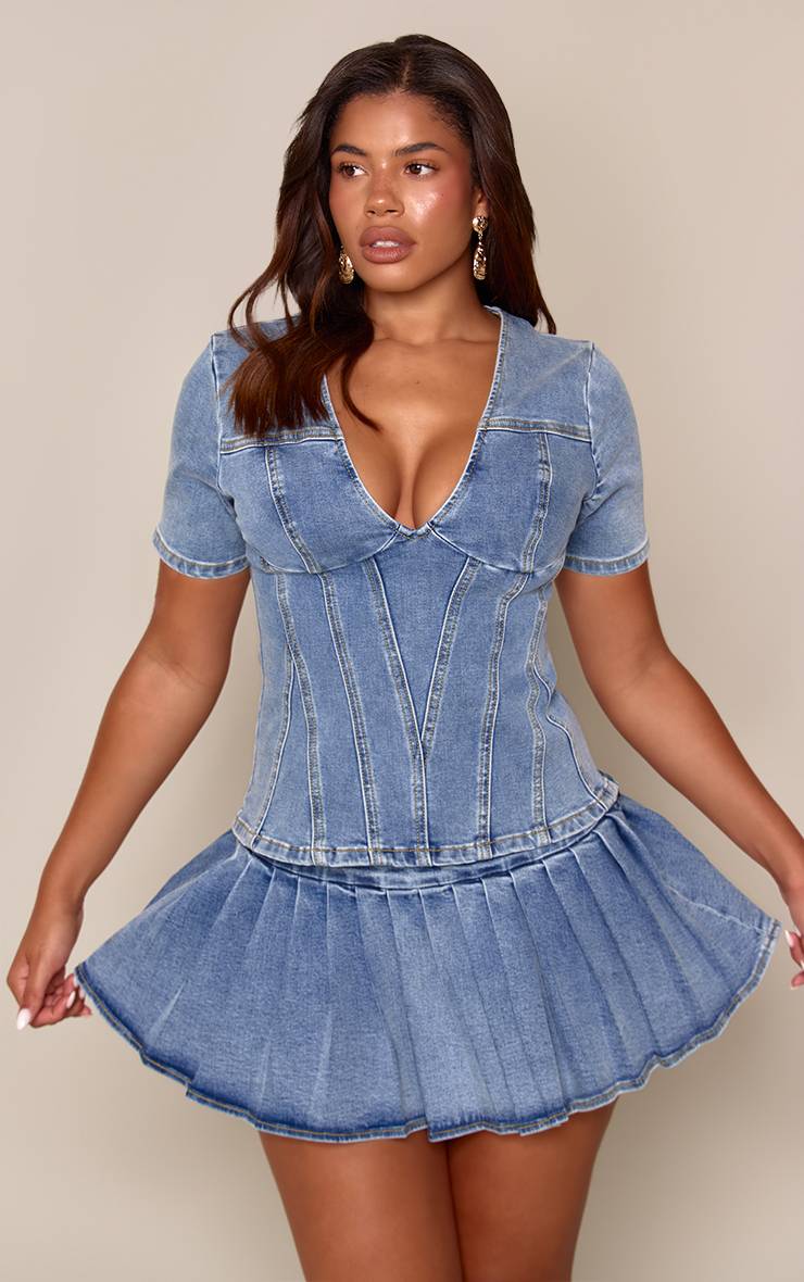 Délavage Vintage Mini Jupe Plissée En Denim Sculptant