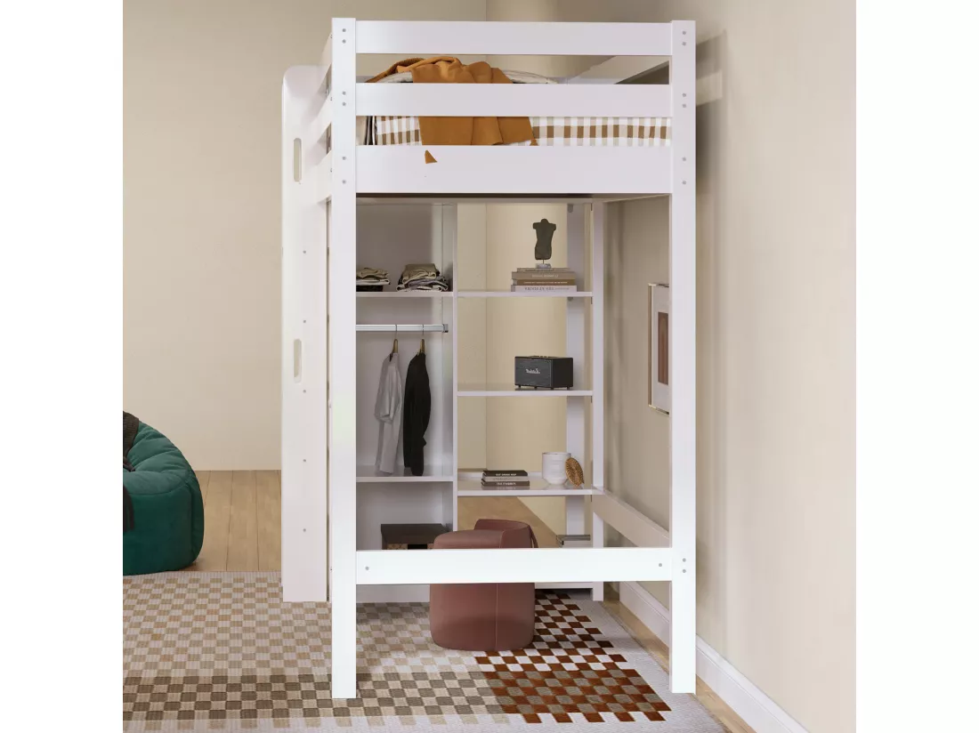 Lit mezzanine 90x200cm en bois massif - avec une armoire et étagères - Blanc