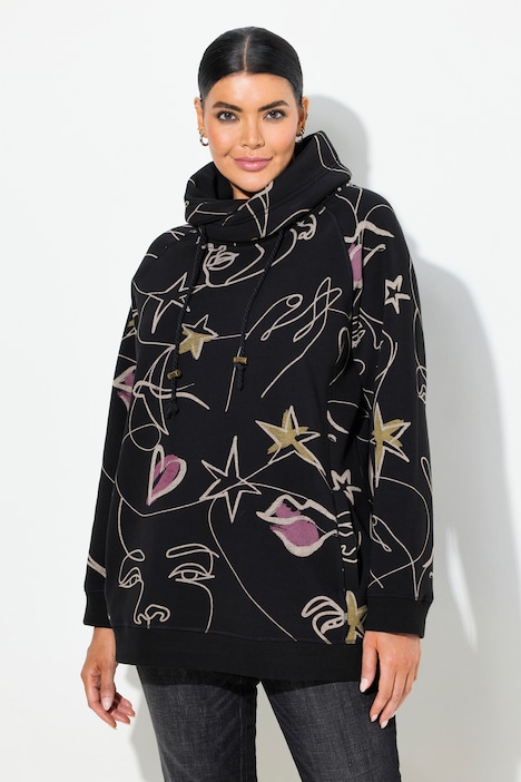 Sweatshirt, Scribble-Herz Muster, Stehkragen, Langarm