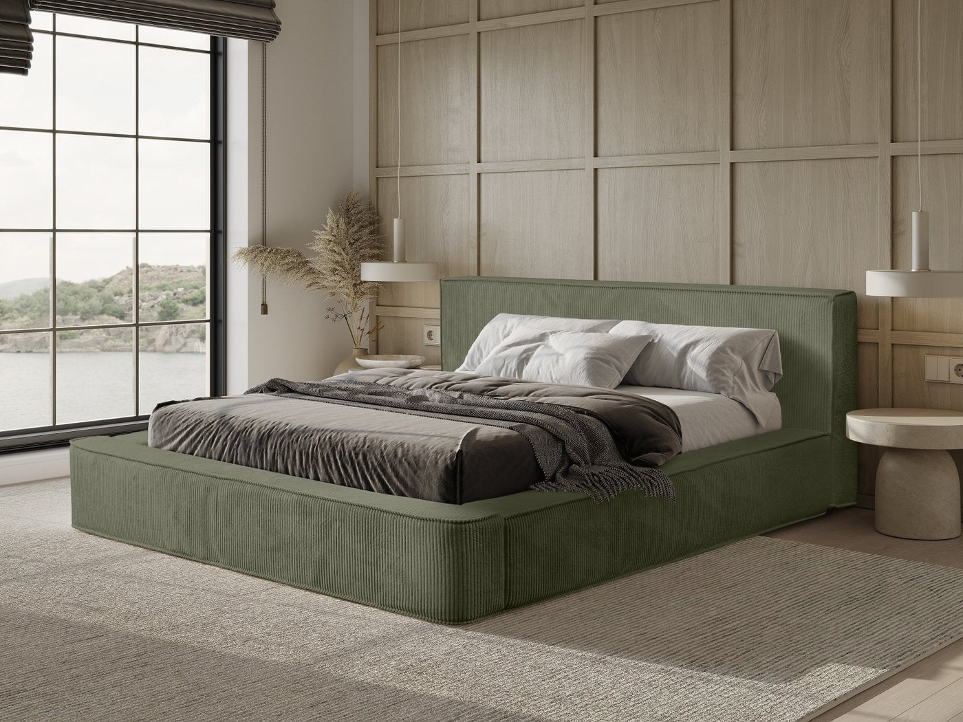 Trae Mobler Harmon 160x200 cm Gestoffeerd Bed Olijfgroen